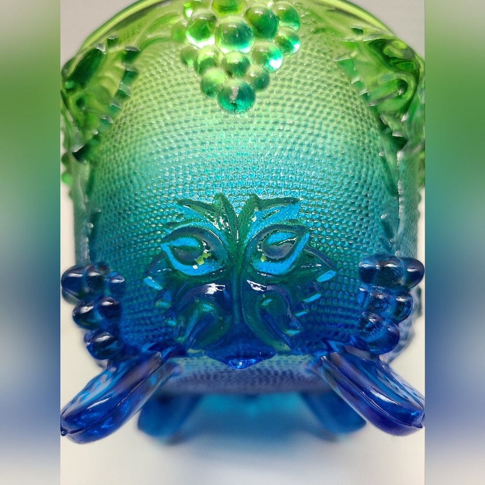 Vintage Jeanette blue/green footed grape leaf glass candy dish w/ lid Capote - Picture 13 of 16
